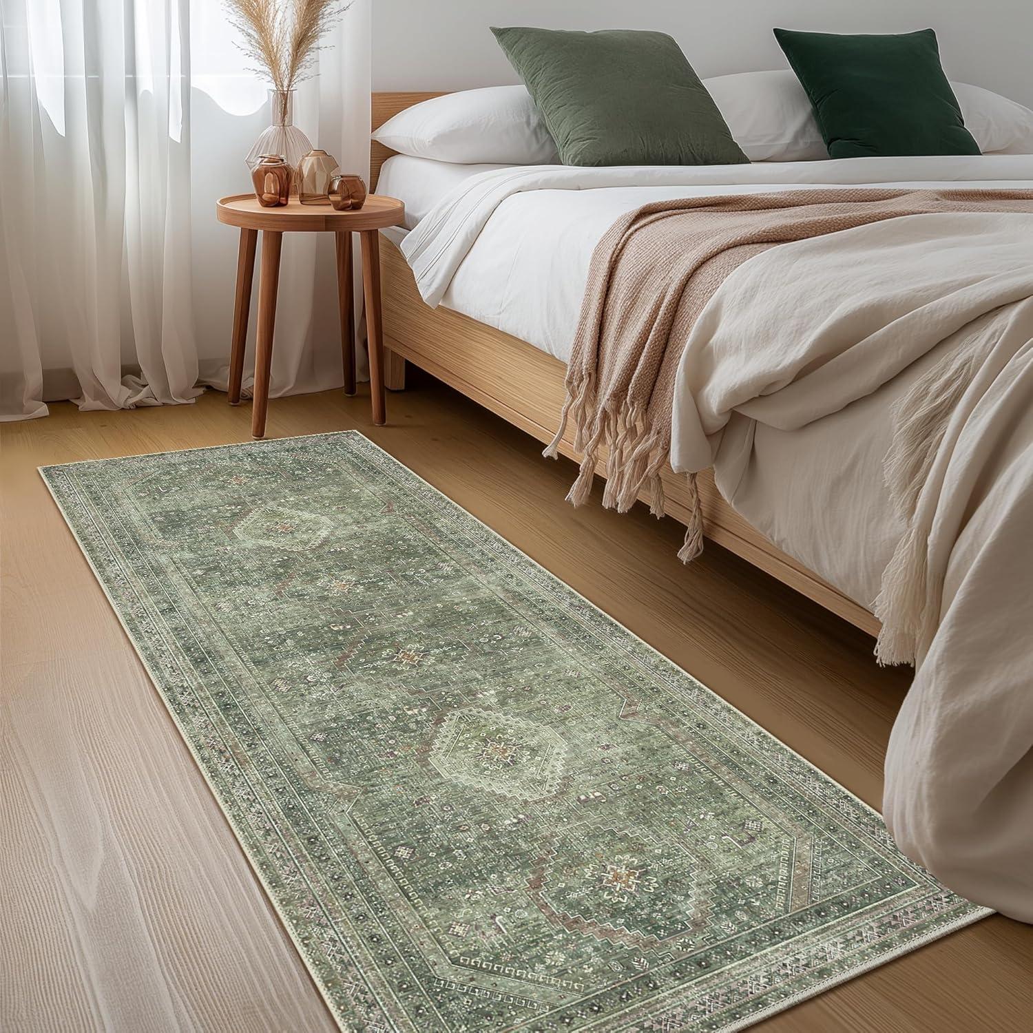 imageGENIMO 26X6 Runner Rug Non Slip Machine Washable Hallway Runners Low Plie ampamp Thin Vintage Rug for Hallway Kitchen Laundry Entryway Bedroom ampamp Living Room Dark GrayCeladon