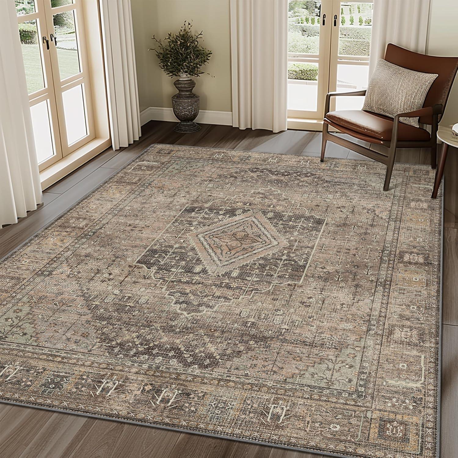 imageGENIMO 26X6 Runner Rug Non Slip Machine Washable Hallway Runners Low Plie ampamp Thin Vintage Rug for Hallway Kitchen Laundry Entryway Bedroom ampamp Living Room Dark GrayTan