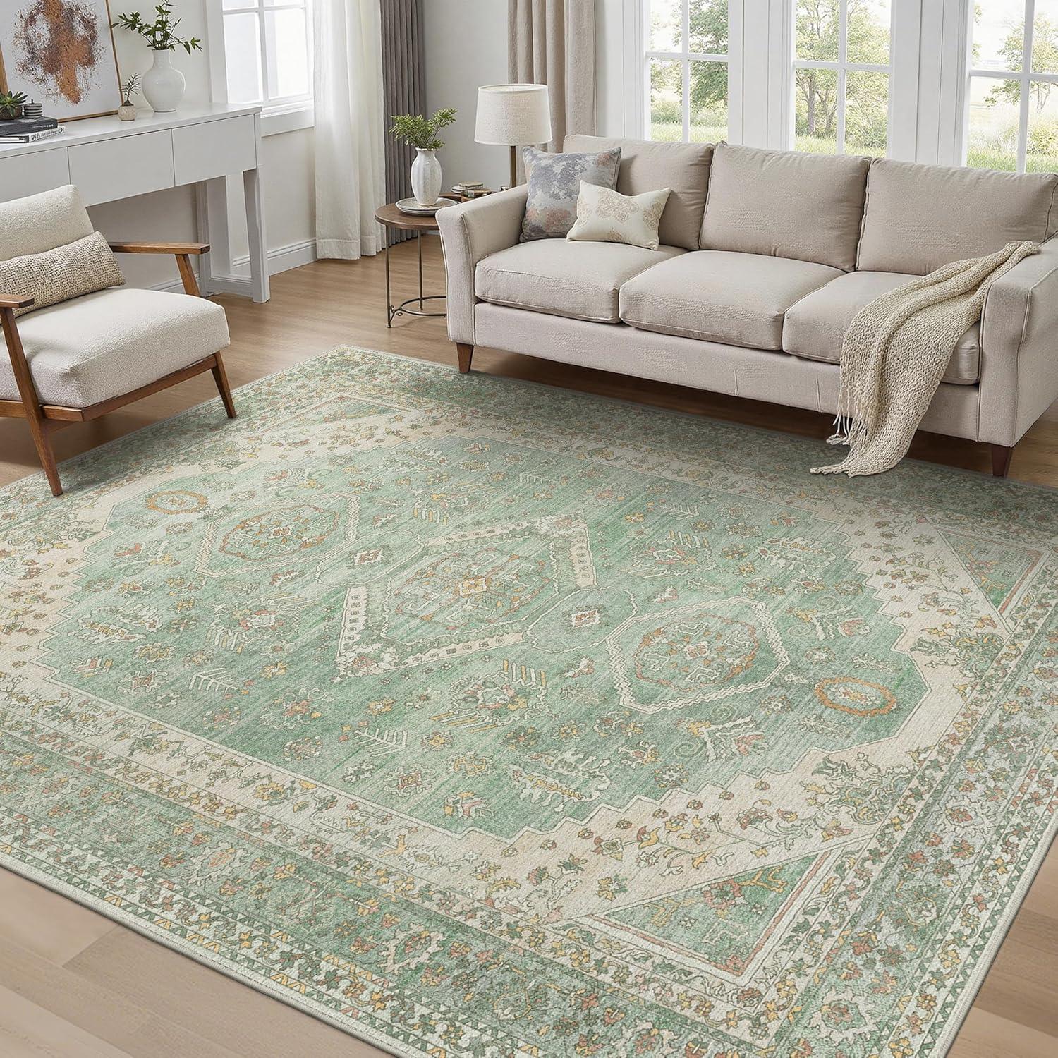 imageGENIMO 26X6 Runner Rug Non Slip Machine Washable Hallway Runners Low Plie ampamp Thin Vintage Rug for Hallway Kitchen Laundry Entryway Bedroom ampamp Living Room Dark GrayCream Greem