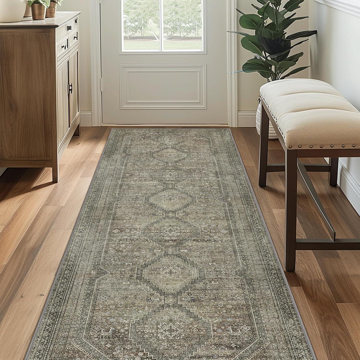 imageGENIMO 26X6 Runner Rug Non Slip Machine Washable Hallway Runners Low Plie ampamp Thin Vintage Rug for Hallway Kitchen Laundry Entryway Bedroom ampamp Living Room Dark GraySage