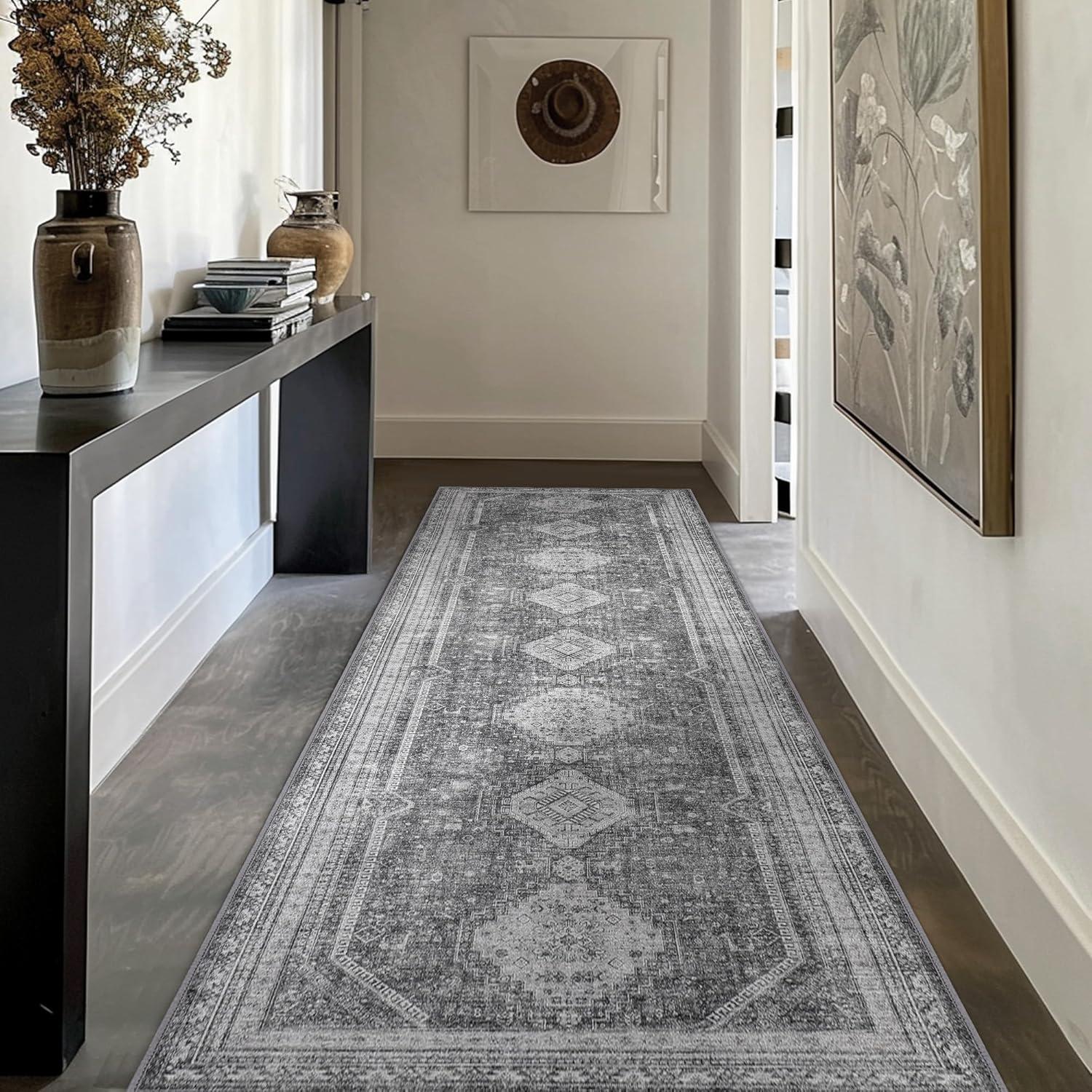 imageGENIMO 26X6 Runner Rug Non Slip Machine Washable Hallway Runners Low Plie ampamp Thin Vintage Rug for Hallway Kitchen Laundry Entryway Bedroom ampamp Living Room Dark GrayGrey