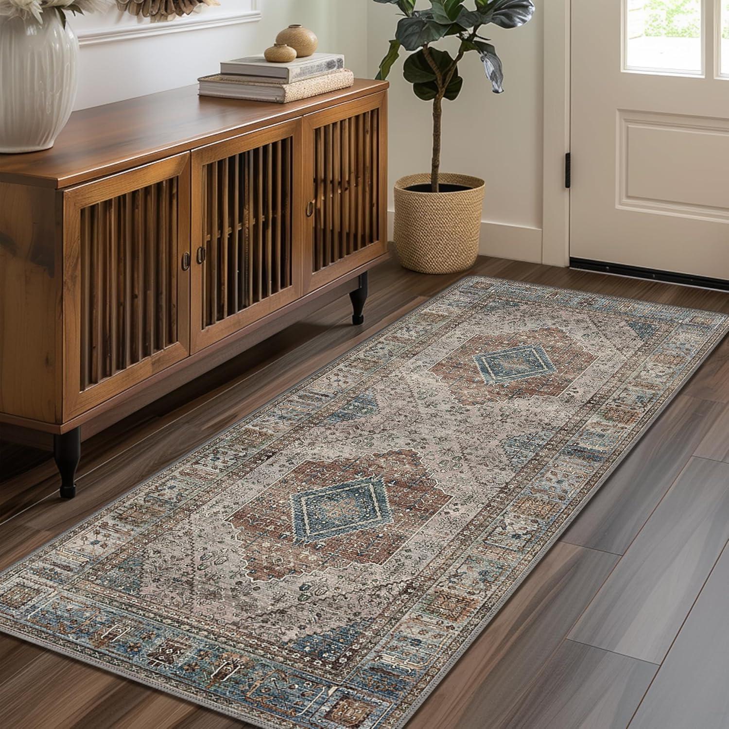 imageGENIMO 26X6 Runner Rug Non Slip Machine Washable Hallway Runners Low Plie ampamp Thin Vintage Rug for Hallway Kitchen Laundry Entryway Bedroom ampamp Living Room Dark GrayBlue Gray