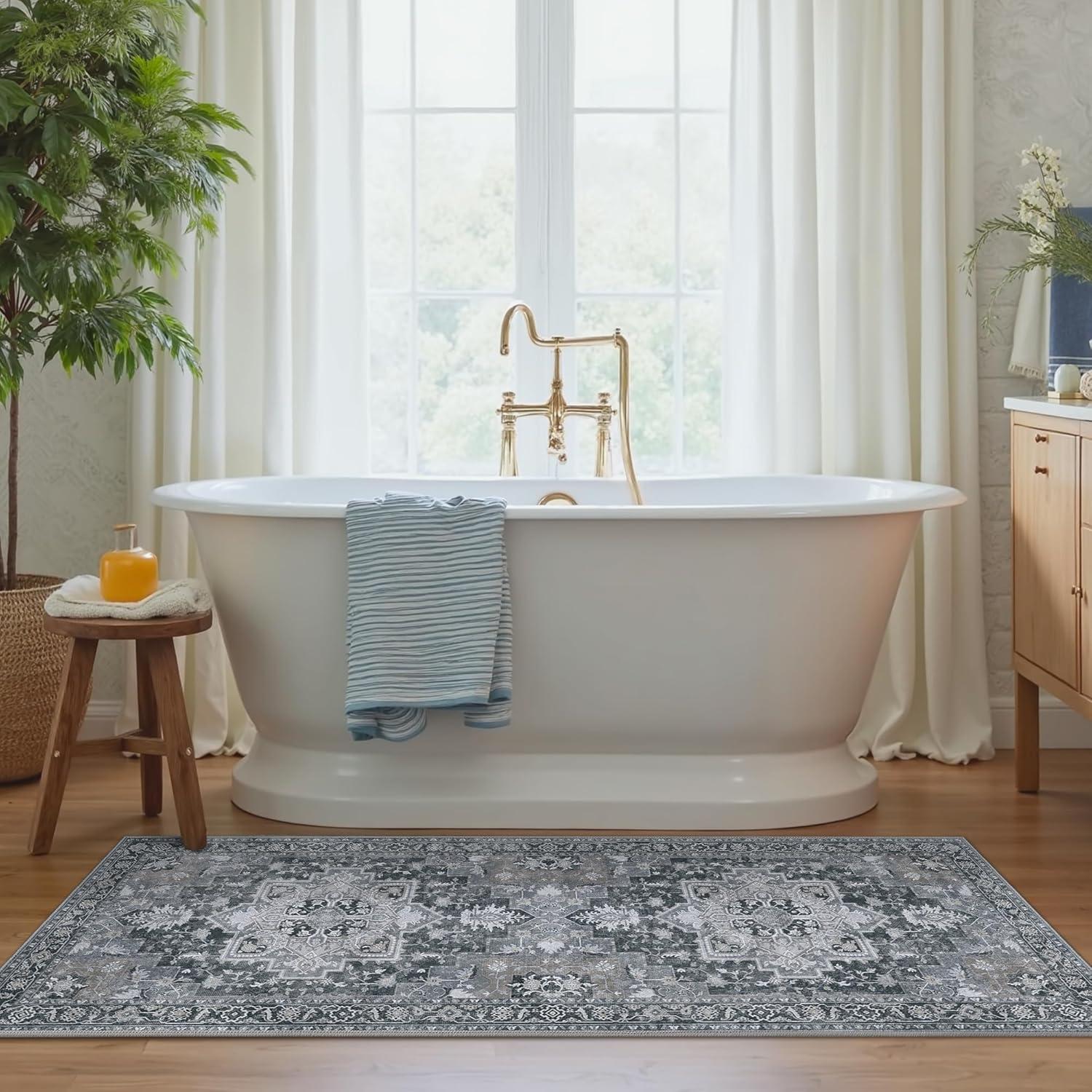 imageGENIMO 26X6 Runner Rug Non Slip Machine Washable Hallway Runners Low Plie ampamp Thin Vintage Rug for Hallway Kitchen Laundry Entryway Bedroom ampamp Living Room Dark GrayDark Gray