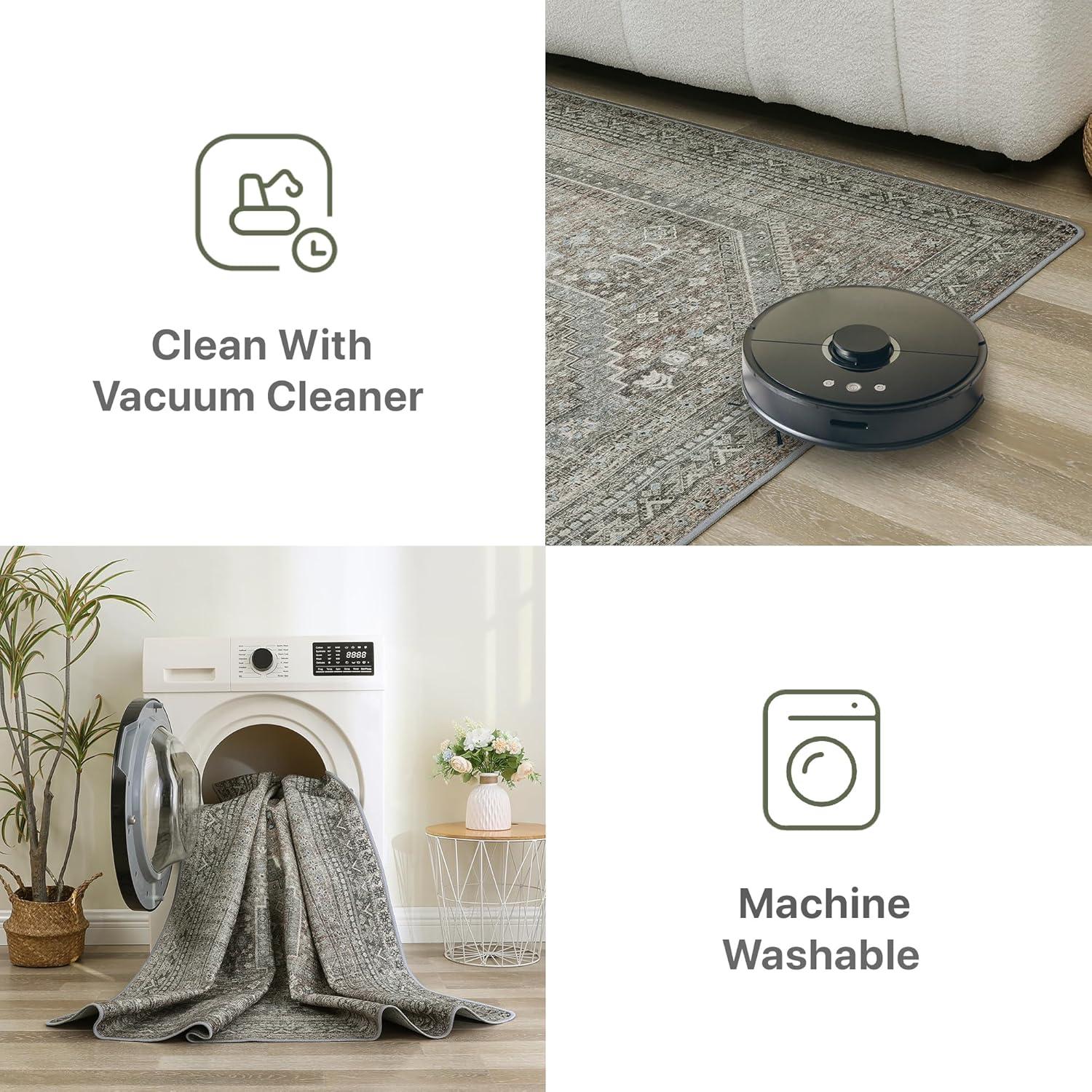 imageGENIMO 26X6 Runner Rug Non Slip Machine Washable Hallway Runners Low Plie ampamp Thin Vintage Rug for Hallway Kitchen Laundry Entryway Bedroom ampamp Living Room Dark GraySage