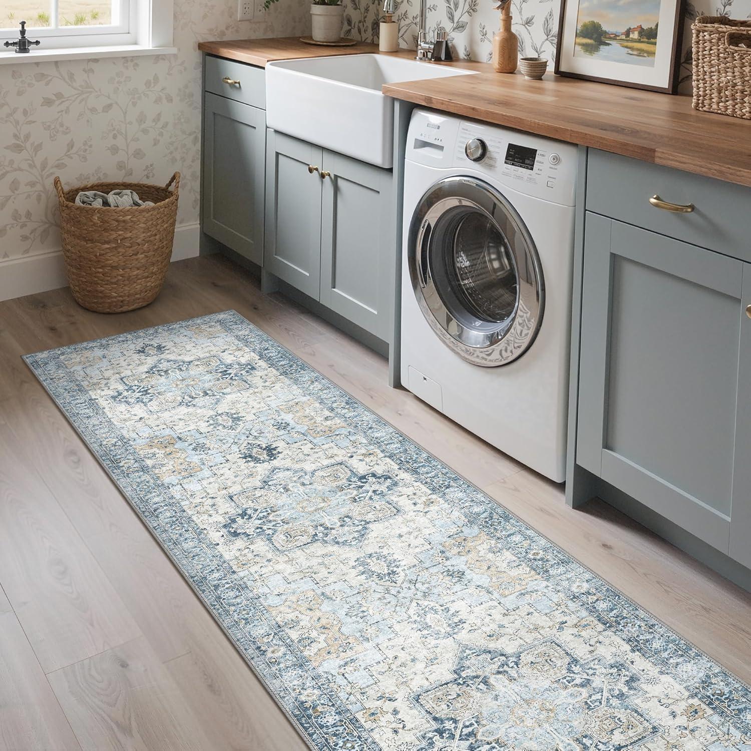 imageGENIMO 26X6 Runner Rug Non Slip Machine Washable Hallway Runners Low Plie ampamp Thin Vintage Rug for Hallway Kitchen Laundry Entryway Bedroom ampamp Living Room Dark GrayLight Blue