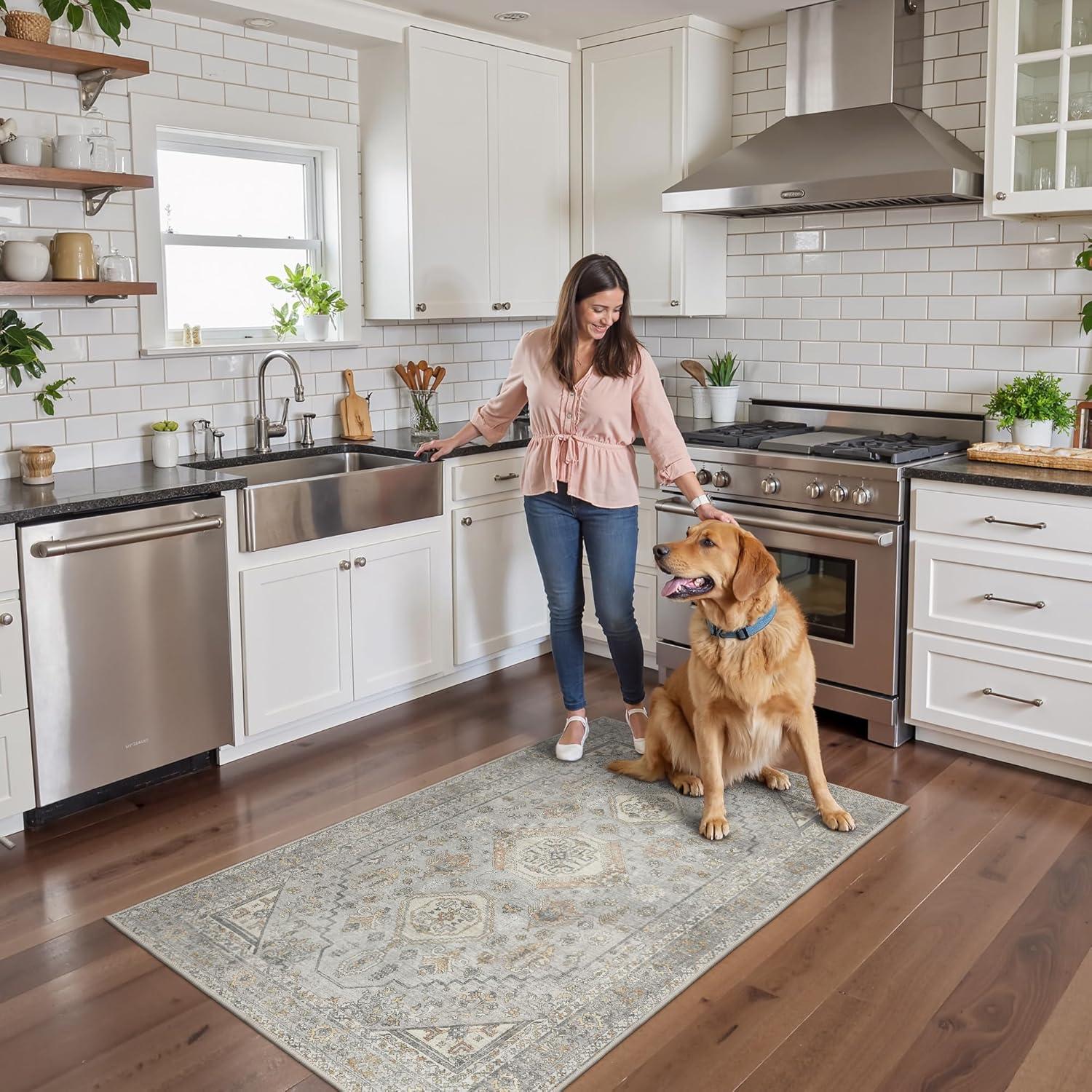 imageGENIMO 26X6 Runner Rug Non Slip Machine Washable Hallway Runners Low Plie ampamp Thin Vintage Rug for Hallway Kitchen Laundry Entryway Bedroom ampamp Living Room Dark GrayBeigeGrey