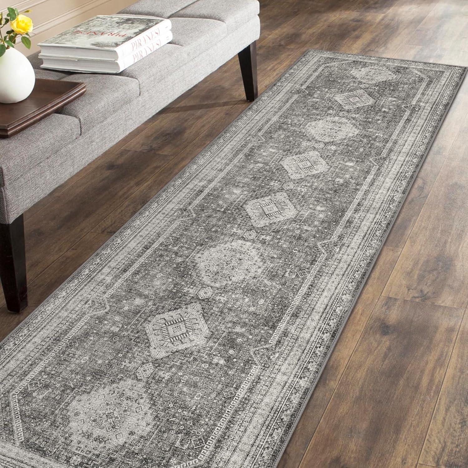 imageGENIMO 26X6 Runner Rug Non Slip Machine Washable Hallway Runners Low Plie ampamp Thin Vintage Rug for Hallway Kitchen Laundry Entryway Bedroom ampamp Living Room Dark GrayGrey