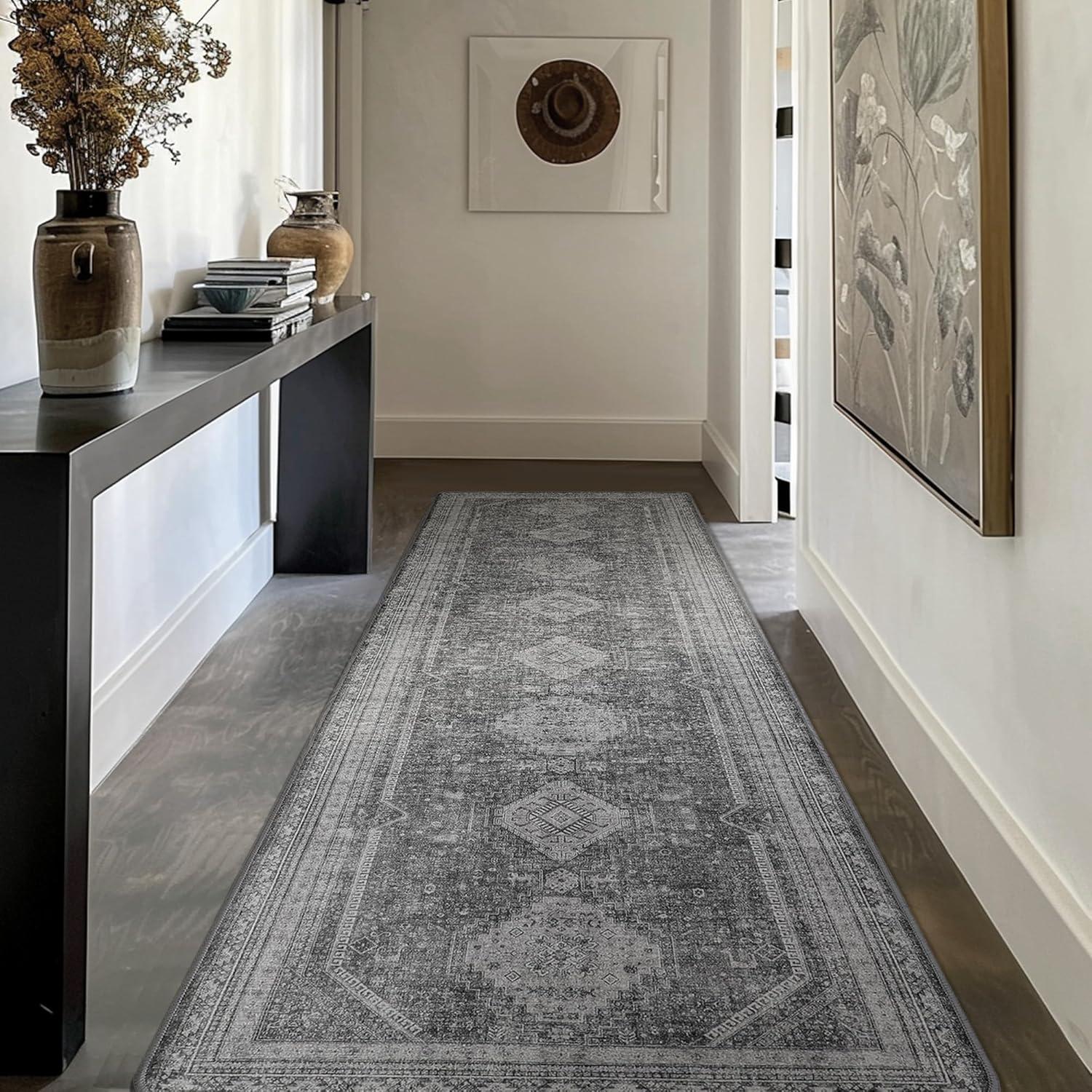 imageGENIMO 26X6 Runner Rug Non Slip Machine Washable Hallway Runners Low Plie ampamp Thin Vintage Rug for Hallway Kitchen Laundry Entryway Bedroom ampamp Living Room Dark GrayGrey