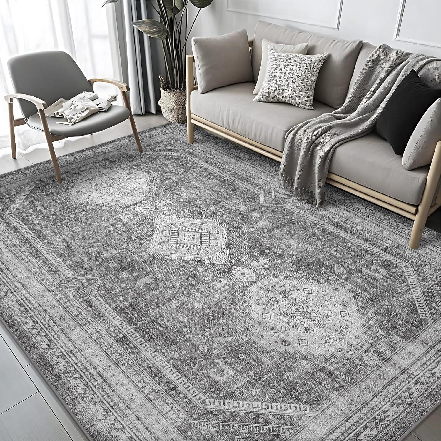 imageGENIMO 26X6 Runner Rug Non Slip Machine Washable Hallway Runners Low Plie ampamp Thin Vintage Rug for Hallway Kitchen Laundry Entryway Bedroom ampamp Living Room Dark GrayGrey