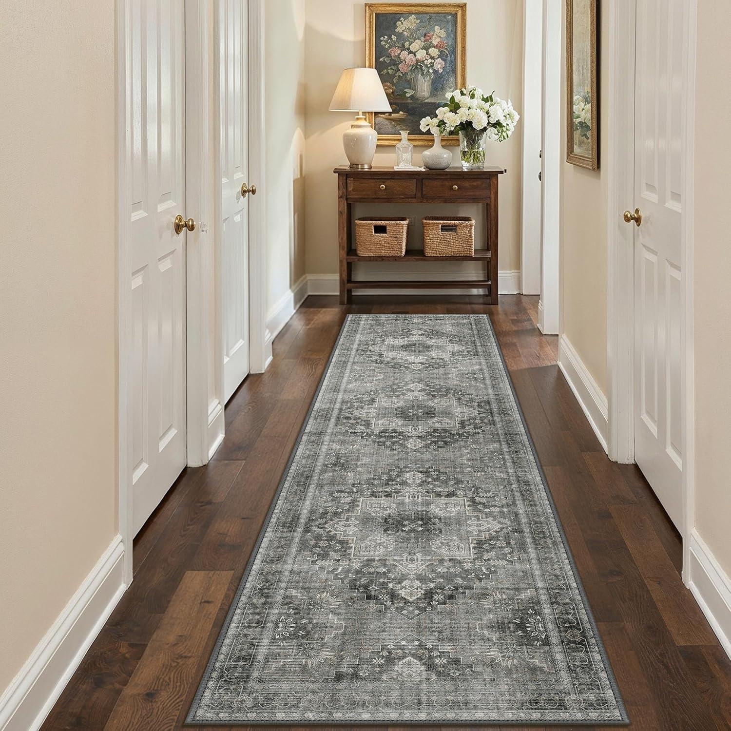 imageGENIMO 26X6 Runner Rug Non Slip Machine Washable Hallway Runners Low Plie ampamp Thin Vintage Rug for Hallway Kitchen Laundry Entryway Bedroom ampamp Living Room Dark GrayGrey