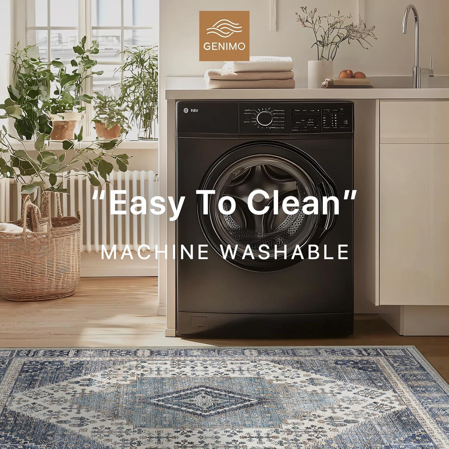imageGENIMO 26X6 Runner Rug Non Slip Machine Washable Hallway Runners Low Plie ampamp Thin Vintage Rug for Hallway Kitchen Laundry Entryway Bedroom ampamp Living Room Dark GrayBlue