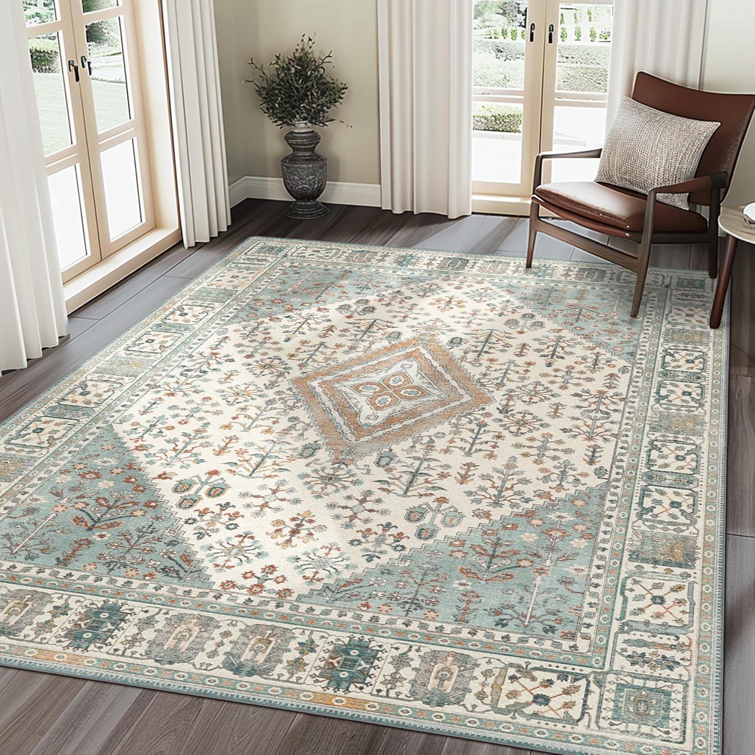 imageGENIMO 26X6 Runner Rug Non Slip Machine Washable Hallway Runners Low Plie ampamp Thin Vintage Rug for Hallway Kitchen Laundry Entryway Bedroom ampamp Living Room Dark GrayGreen