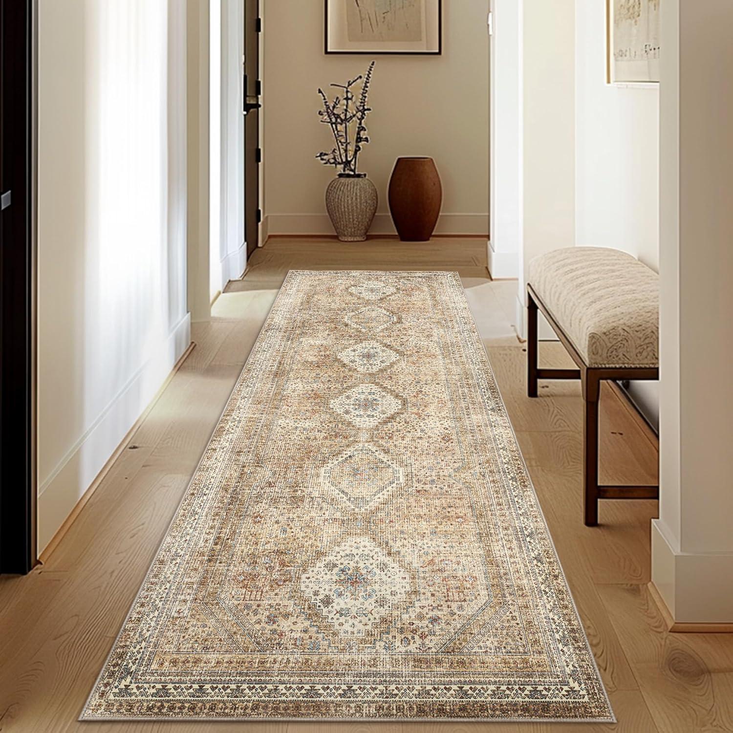 imageGENIMO 26X6 Runner Rug Non Slip Machine Washable Hallway Runners Low Plie ampamp Thin Vintage Rug for Hallway Kitchen Laundry Entryway Bedroom ampamp Living Room Dark GrayKhaki