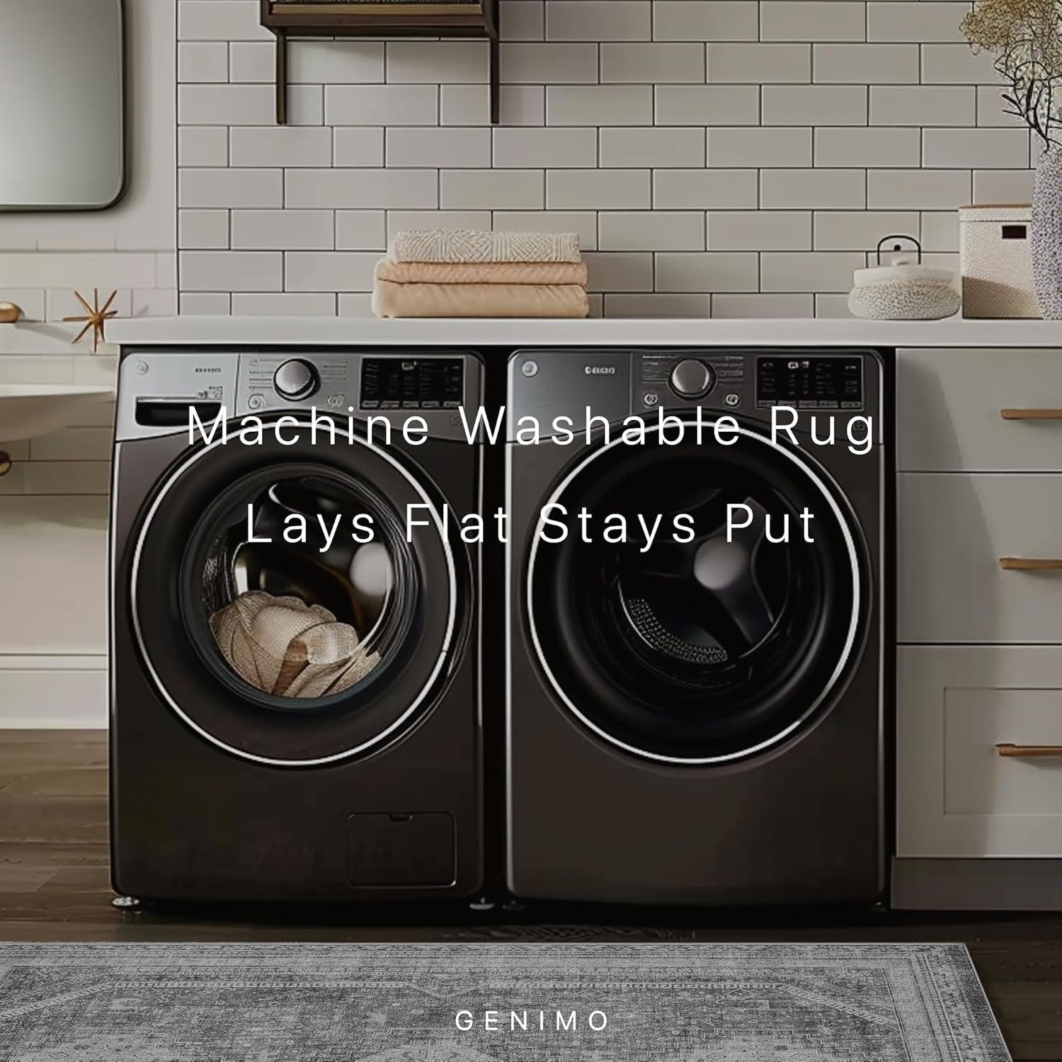 imageGENIMO 26X6 Runner Rug Non Slip Machine Washable Hallway Runners Low Plie ampamp Thin Vintage Rug for Hallway Kitchen Laundry Entryway Bedroom ampamp Living Room Dark GrayGrey
