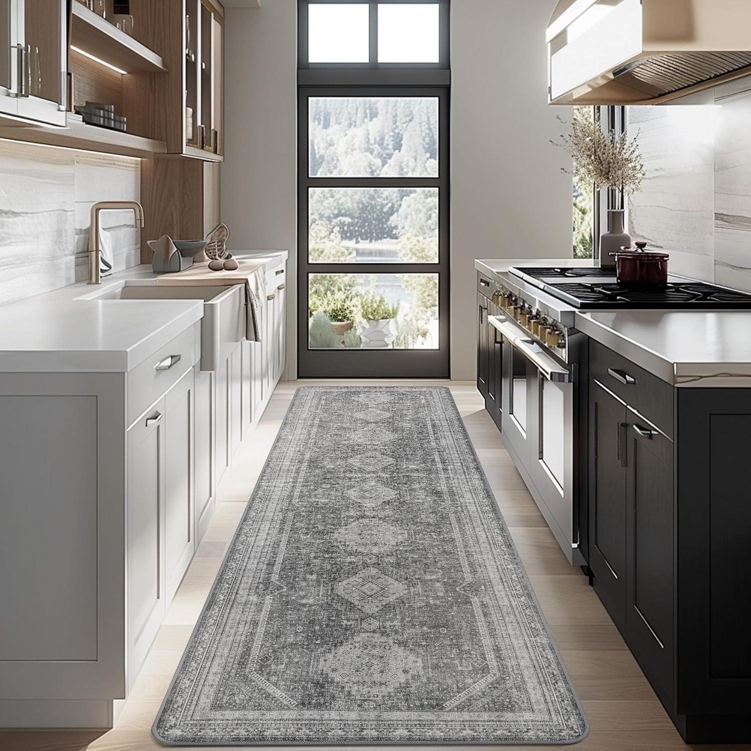 imageGENIMO 26X6 Runner Rug Non Slip Machine Washable Hallway Runners Low Plie ampamp Thin Vintage Rug for Hallway Kitchen Laundry Entryway Bedroom ampamp Living Room Dark GrayGrey