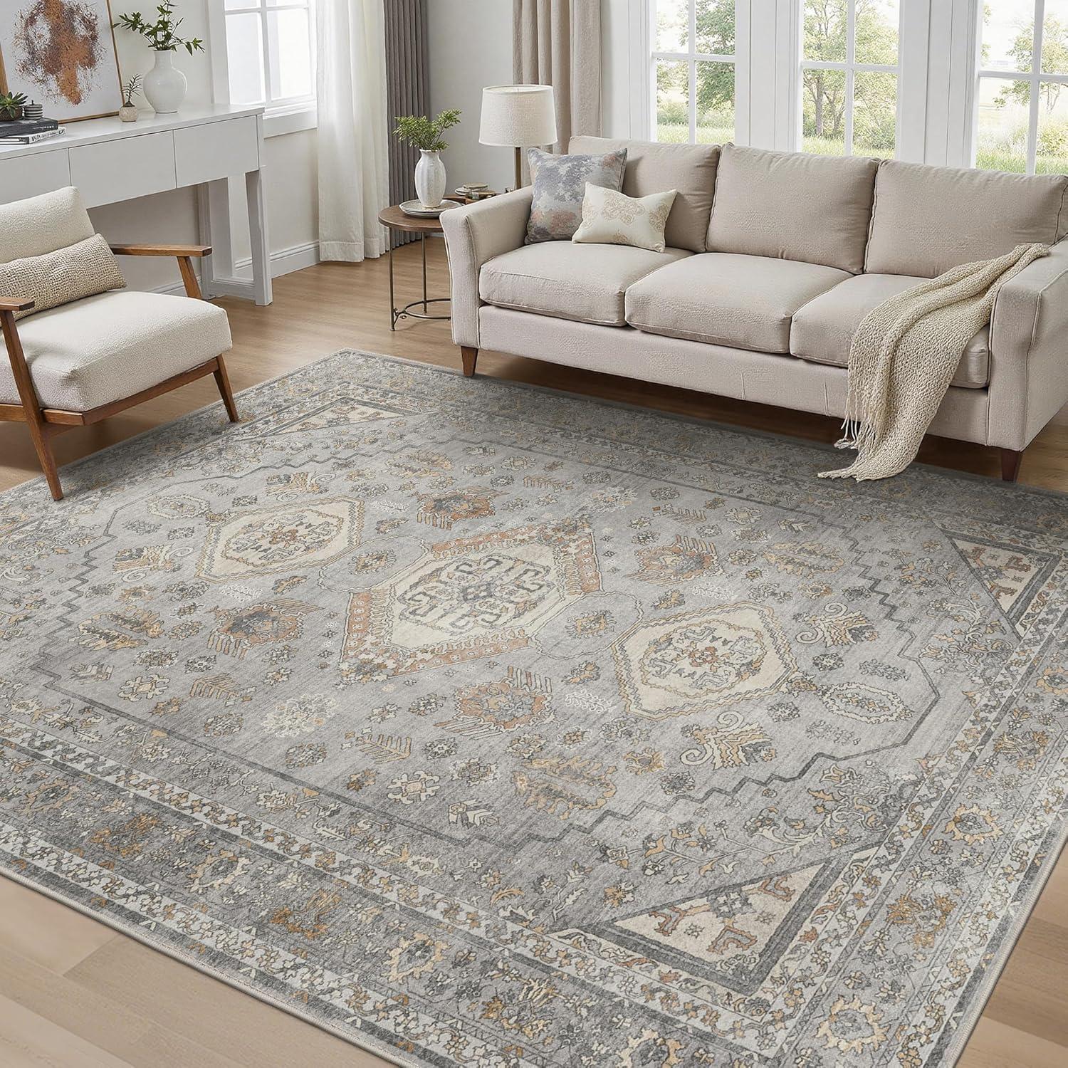 imageGENIMO 26X6 Runner Rug Non Slip Machine Washable Hallway Runners Low Plie ampamp Thin Vintage Rug for Hallway Kitchen Laundry Entryway Bedroom ampamp Living Room Dark GrayBeigeGrey
