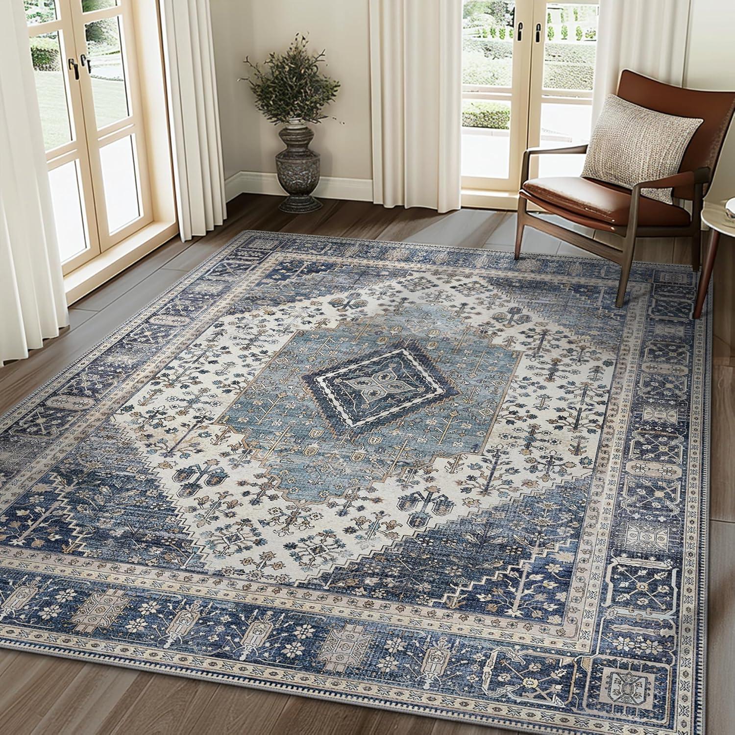 imageGENIMO 26X6 Runner Rug Non Slip Machine Washable Hallway Runners Low Plie ampamp Thin Vintage Rug for Hallway Kitchen Laundry Entryway Bedroom ampamp Living Room Dark GrayBlue
