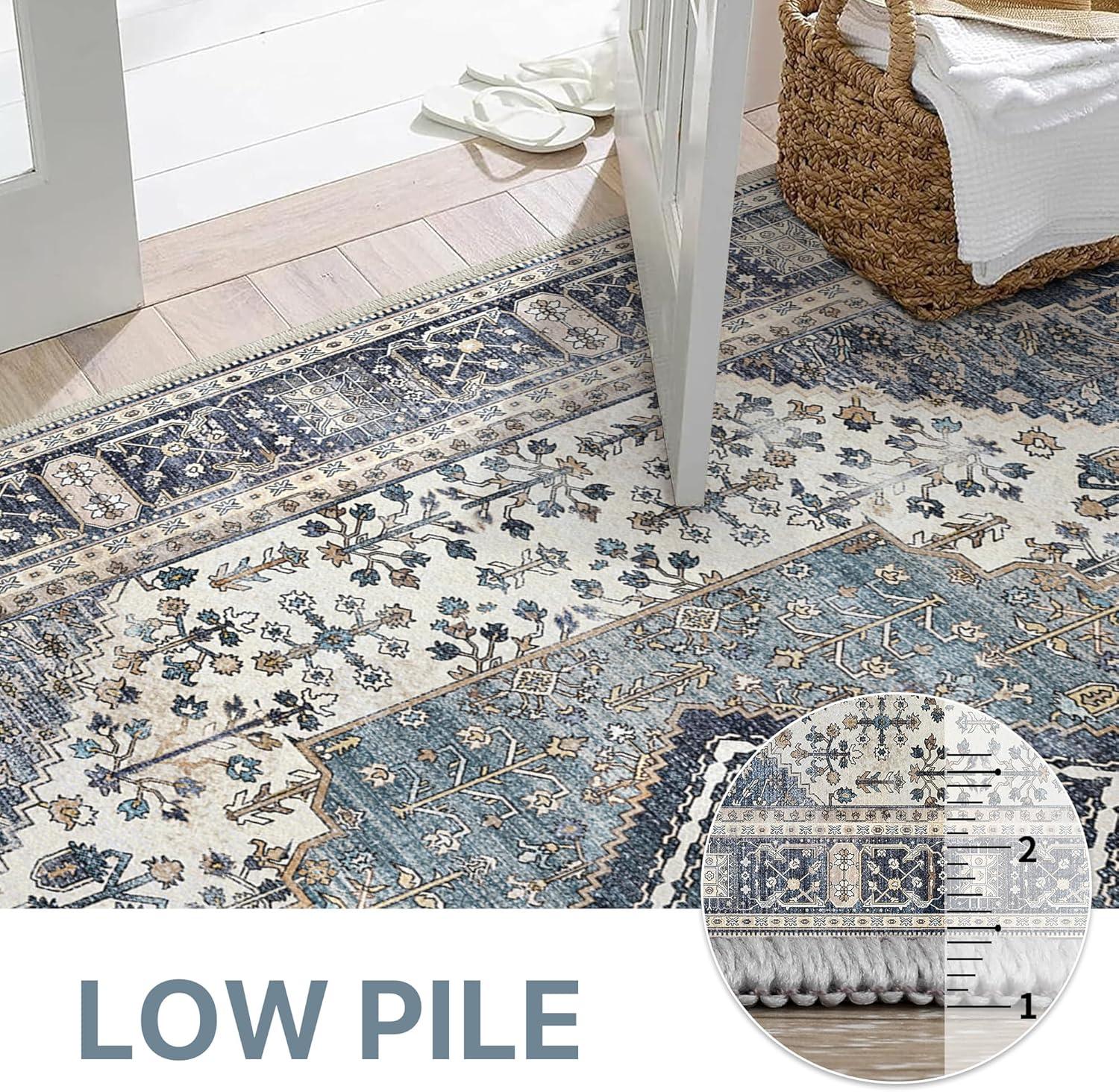 imageGENIMO 26X6 Runner Rug Non Slip Machine Washable Hallway Runners Low Plie ampamp Thin Vintage Rug for Hallway Kitchen Laundry Entryway Bedroom ampamp Living Room Dark GrayBlue