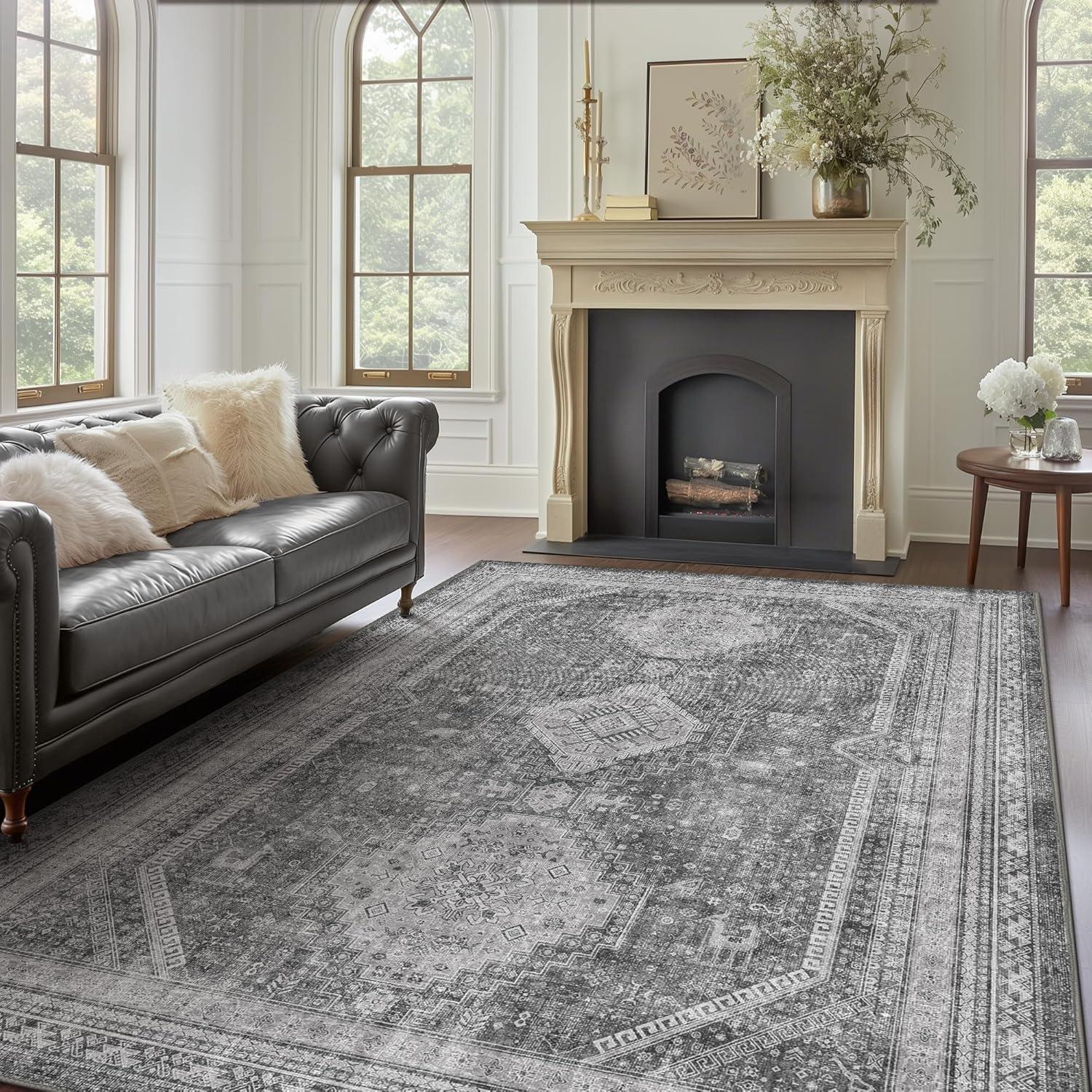 imageGENIMO 26X6 Runner Rug Non Slip Machine Washable Hallway Runners Low Plie ampamp Thin Vintage Rug for Hallway Kitchen Laundry Entryway Bedroom ampamp Living Room Dark GrayGrey