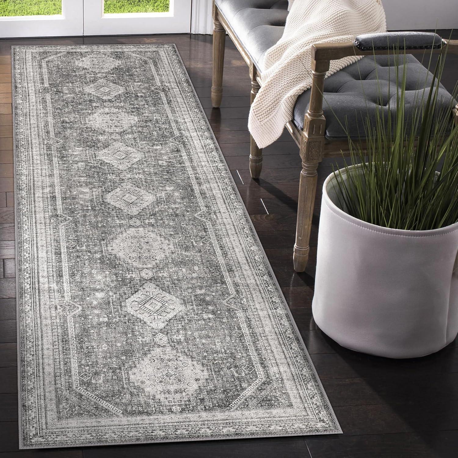 imageGENIMO 26X6 Runner Rug Non Slip Machine Washable Hallway Runners Low Plie ampamp Thin Vintage Rug for Hallway Kitchen Laundry Entryway Bedroom ampamp Living Room Dark GrayGrey