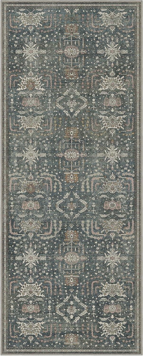 imageGENIMO 26X6 Runner Rug Non Slip Machine Washable Hallway Runners Low Plie ampamp Thin Vintage Rug for Hallway Kitchen Laundry Entryway Bedroom ampamp Living Room Dark GrayGrayish Aqua