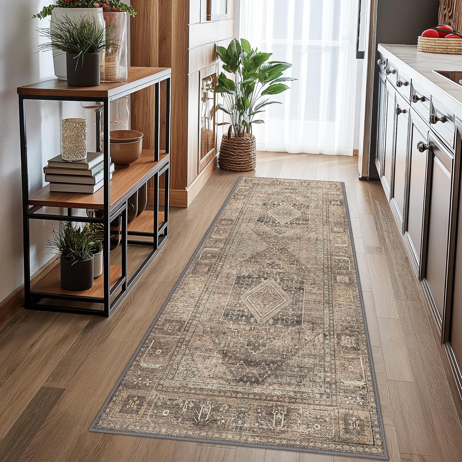 imageGENIMO 26X6 Runner Rug Non Slip Machine Washable Hallway Runners Low Plie ampamp Thin Vintage Rug for Hallway Kitchen Laundry Entryway Bedroom ampamp Living Room Dark GrayTan