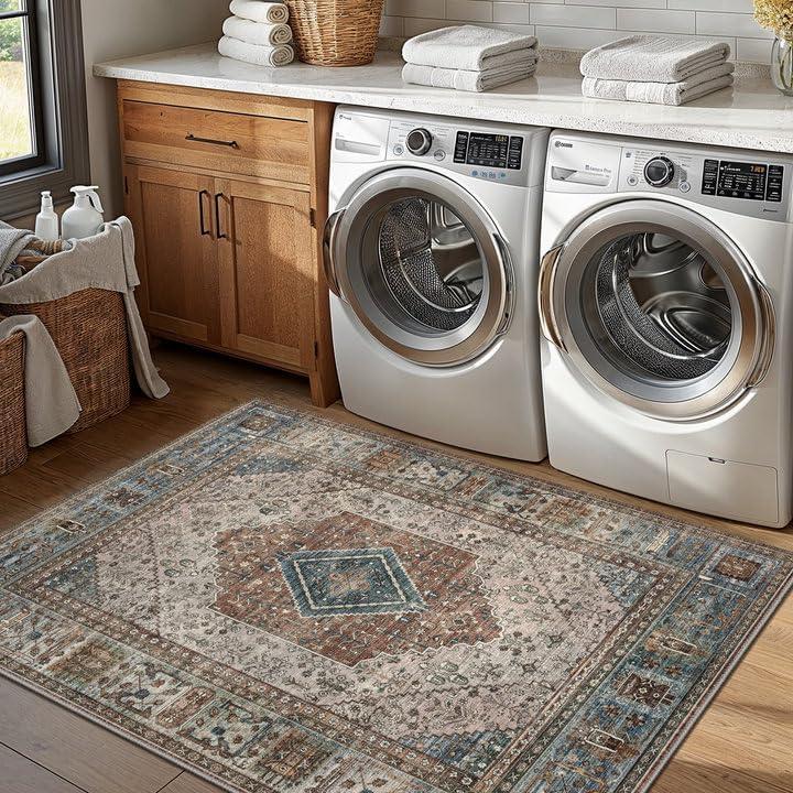 imageGENIMO 26X6 Runner Rug Non Slip Machine Washable Hallway Runners Low Plie ampamp Thin Vintage Rug for Hallway Kitchen Laundry Entryway Bedroom ampamp Living Room Dark GrayBlue Gray
