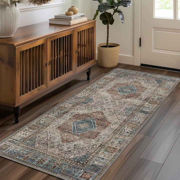 imageGENIMO 26X6 Runner Rug Non Slip Machine Washable Hallway Runners Low Plie ampamp Thin Vintage Rug for Hallway Kitchen Laundry Entryway Bedroom ampamp Living Room Dark GrayBlue Gray