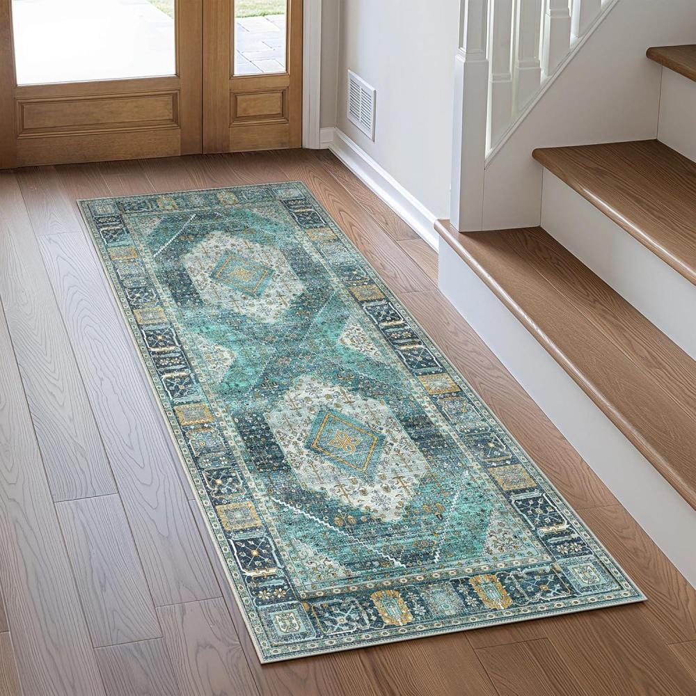 imageGENIMO 26X6 Runner Rug Non Slip Machine Washable Hallway Runners Low Plie ampamp Thin Vintage Rug for Hallway Kitchen Laundry Entryway Bedroom ampamp Living Room Dark GrayTeal Blue