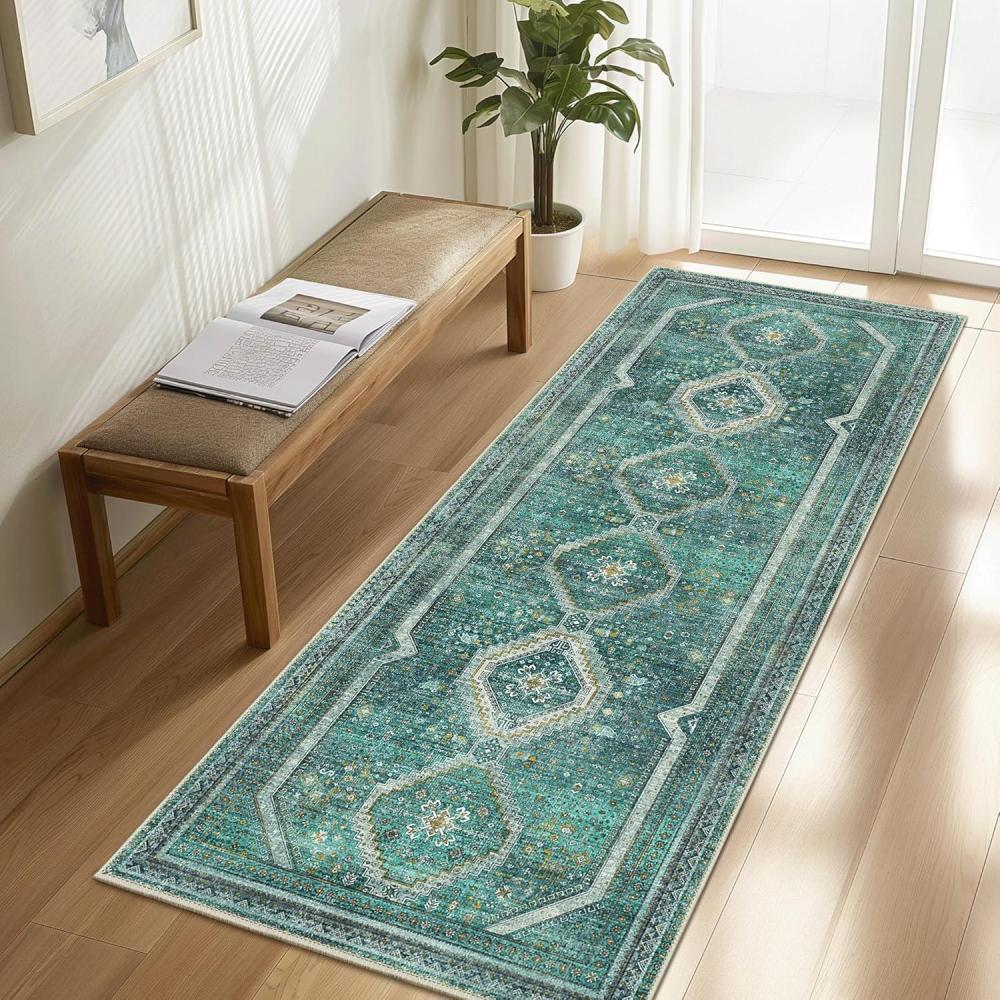 imageGENIMO 26X6 Runner Rug Non Slip Machine Washable Hallway Runners Low Plie ampamp Thin Vintage Rug for Hallway Kitchen Laundry Entryway Bedroom ampamp Living Room Dark GrayTeal