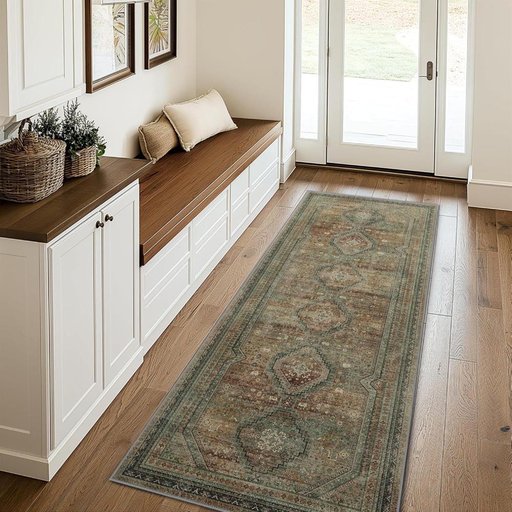 imageGENIMO 26X6 Runner Rug Non Slip Machine Washable Hallway Runners Low Plie ampamp Thin Vintage Rug for Hallway Kitchen Laundry Entryway Bedroom ampamp Living Room Dark GrayBrown