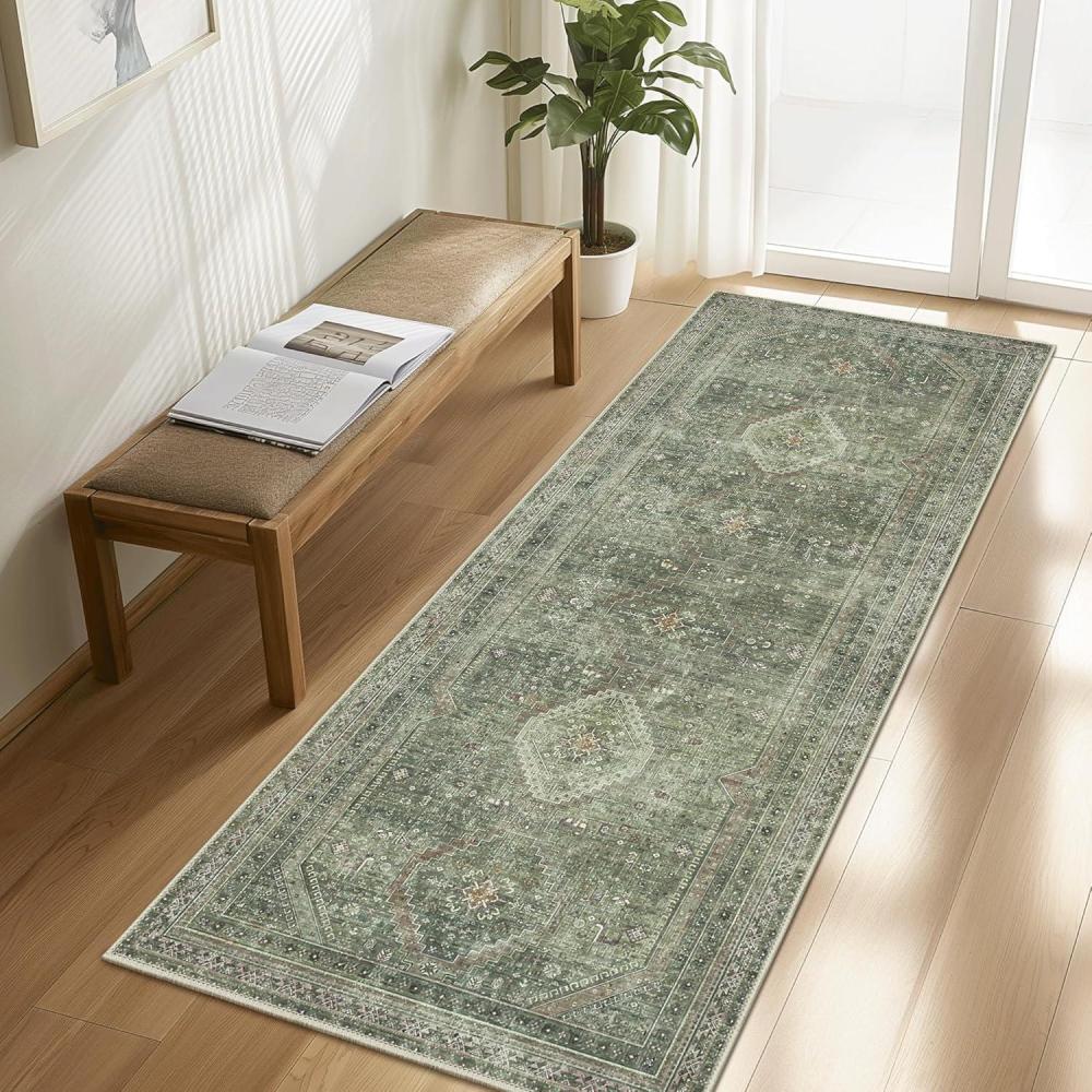 imageGENIMO 26X6 Runner Rug Non Slip Machine Washable Hallway Runners Low Plie ampamp Thin Vintage Rug for Hallway Kitchen Laundry Entryway Bedroom ampamp Living Room Dark GrayCeladon