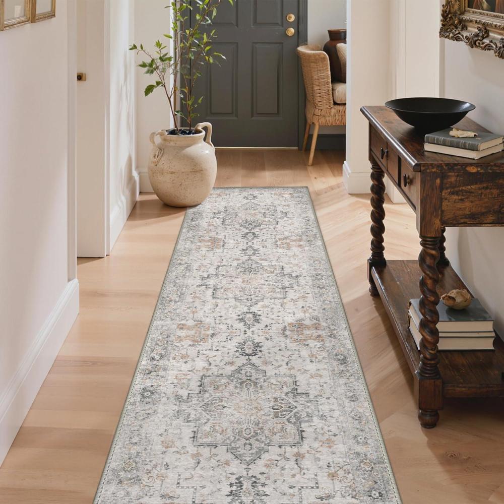 imageGENIMO 26X6 Runner Rug Non Slip Machine Washable Hallway Runners Low Plie ampamp Thin Vintage Rug for Hallway Kitchen Laundry Entryway Bedroom ampamp Living Room Dark GrayTaupe