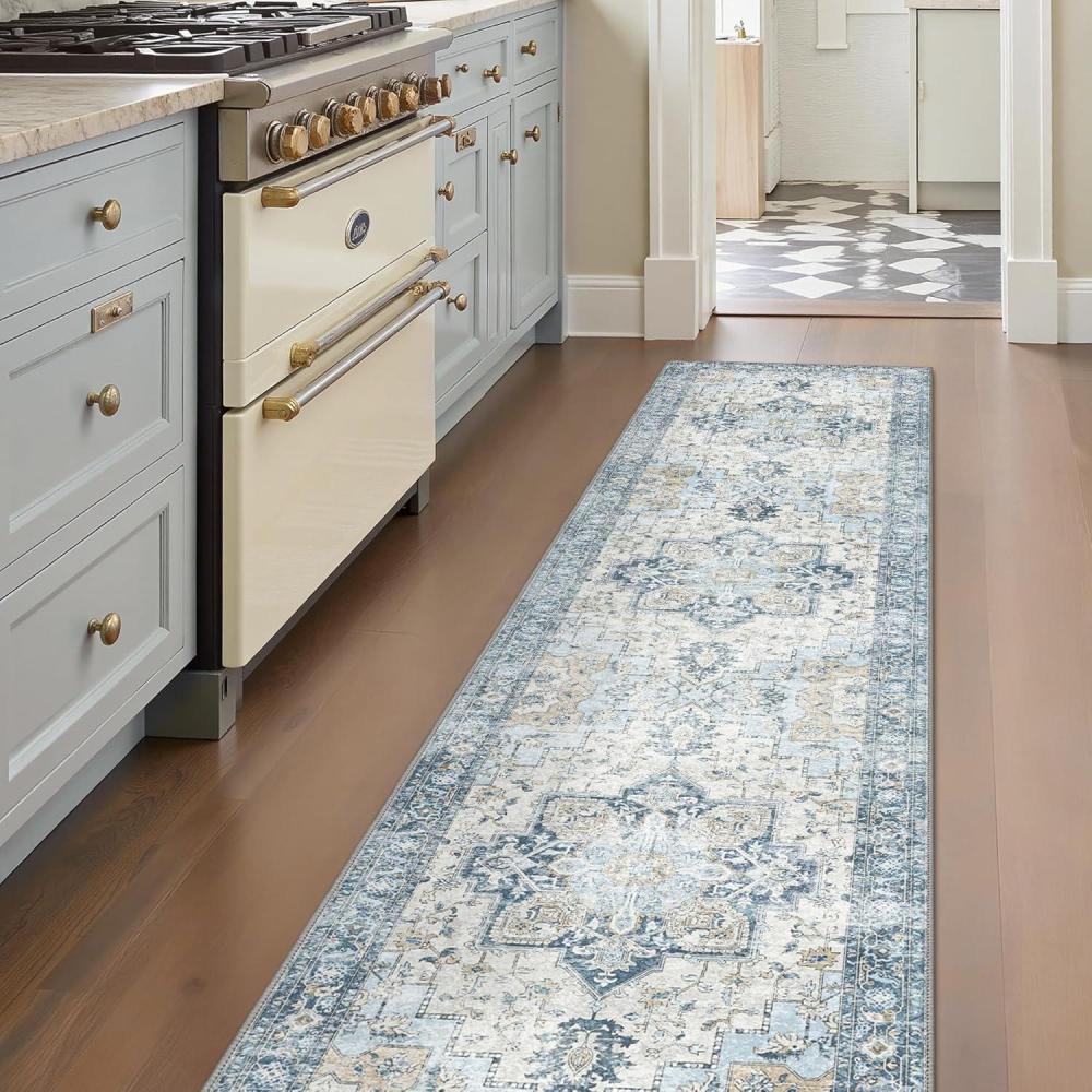 imageGENIMO 26X6 Runner Rug Non Slip Machine Washable Hallway Runners Low Plie ampamp Thin Vintage Rug for Hallway Kitchen Laundry Entryway Bedroom ampamp Living Room Dark GrayLight Blue