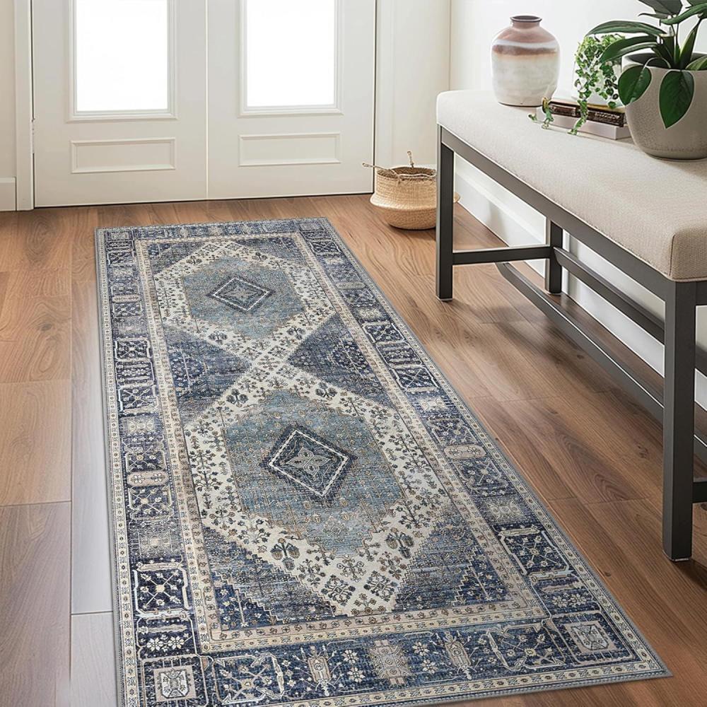 imageGENIMO 26X6 Runner Rug Non Slip Machine Washable Hallway Runners Low Plie ampamp Thin Vintage Rug for Hallway Kitchen Laundry Entryway Bedroom ampamp Living Room Dark GrayBlue