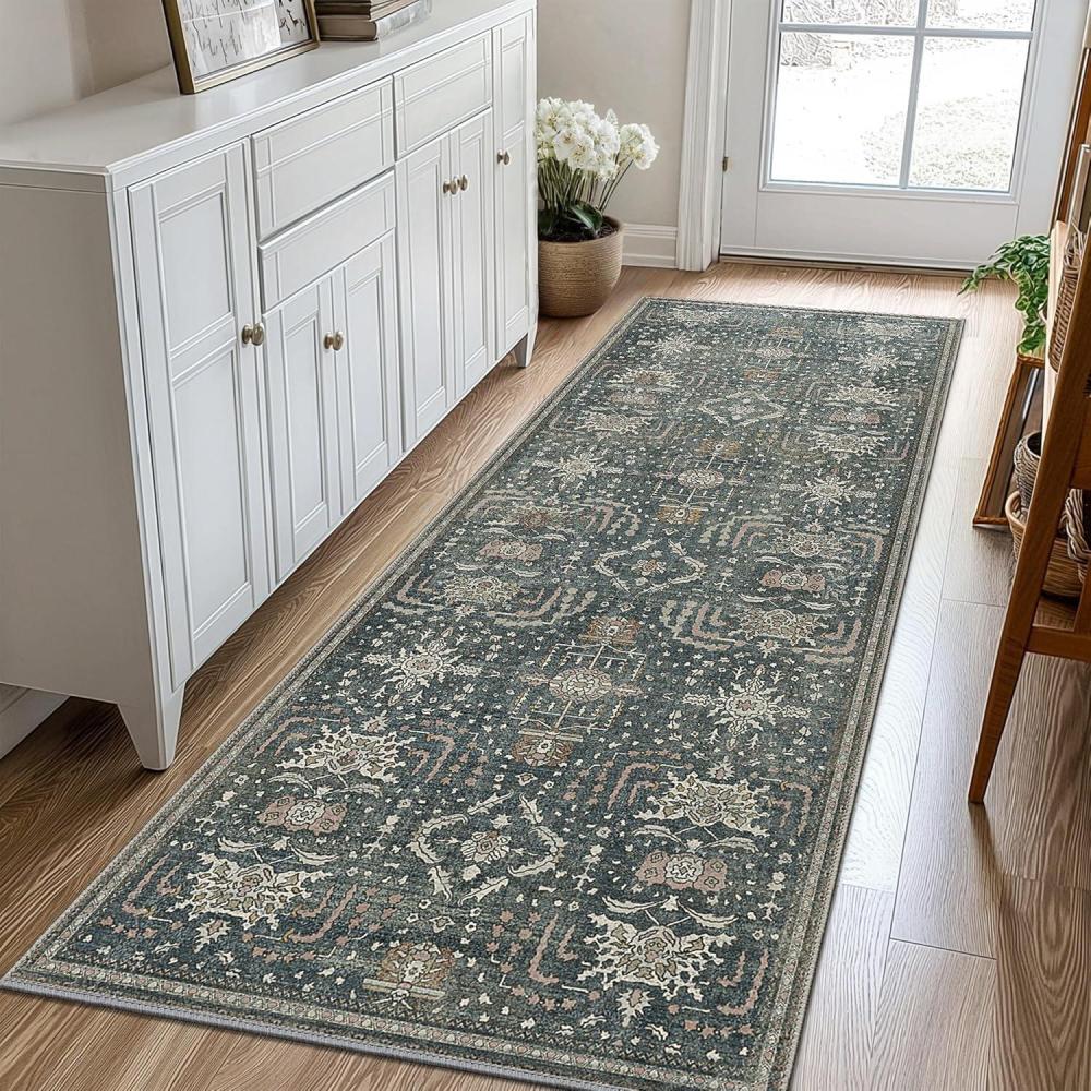 imageGENIMO 26X6 Runner Rug Non Slip Machine Washable Hallway Runners Low Plie ampamp Thin Vintage Rug for Hallway Kitchen Laundry Entryway Bedroom ampamp Living Room Dark GrayGrayish Aqua