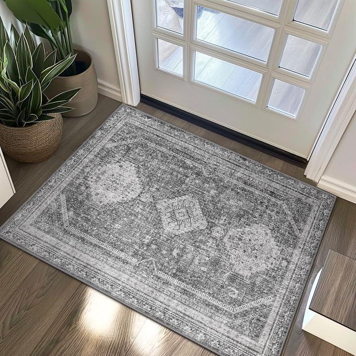 imageGENIMO 26X6 Runner Rug Non Slip Machine Washable Hallway Runners Low Plie ampamp Thin Vintage Rug for Hallway Kitchen Laundry Entryway Bedroom ampamp Living Room Dark GrayGrey