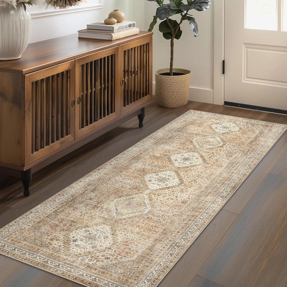 imageGENIMO 26X6 Runner Rug Non Slip Machine Washable Hallway Runners Low Plie ampamp Thin Vintage Rug for Hallway Kitchen Laundry Entryway Bedroom ampamp Living Room Dark GrayKhaki