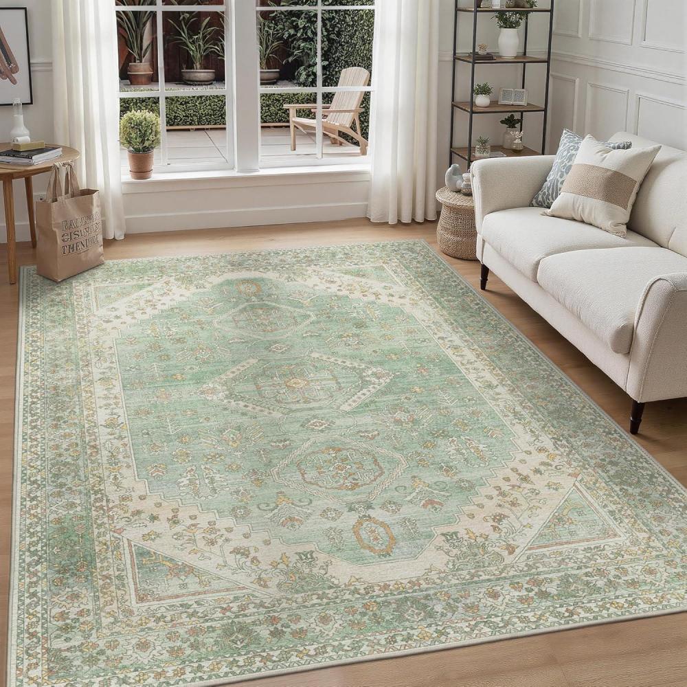 imageGENIMO 26X6 Runner Rug Non Slip Machine Washable Hallway Runners Low Plie ampamp Thin Vintage Rug for Hallway Kitchen Laundry Entryway Bedroom ampamp Living Room Dark GrayCream Greem