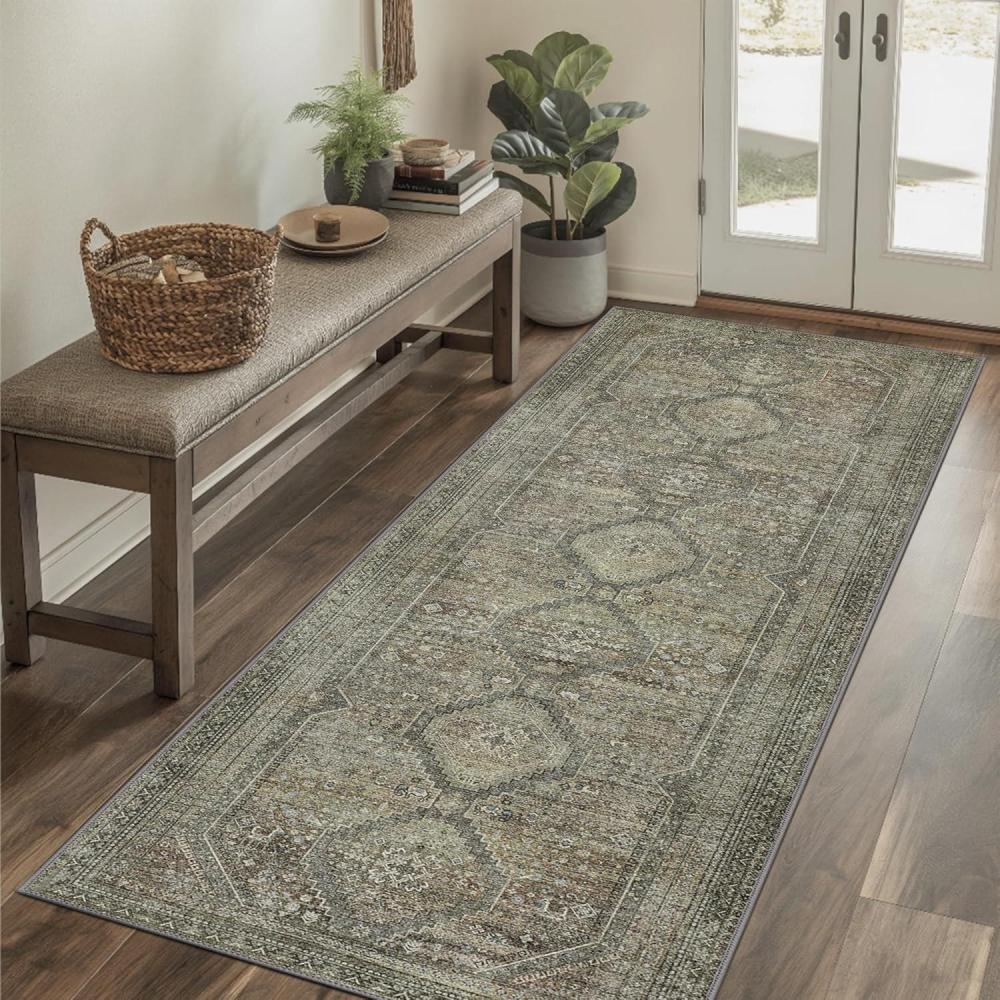 imageGENIMO 26X6 Runner Rug Non Slip Machine Washable Hallway Runners Low Plie ampamp Thin Vintage Rug for Hallway Kitchen Laundry Entryway Bedroom ampamp Living Room Dark GraySage