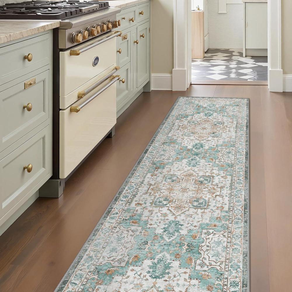 imageGENIMO 26X6 Runner Rug Non Slip Machine Washable Hallway Runners Low Plie ampamp Thin Vintage Rug for Hallway Kitchen Laundry Entryway Bedroom ampamp Living Room Dark GrayCyan