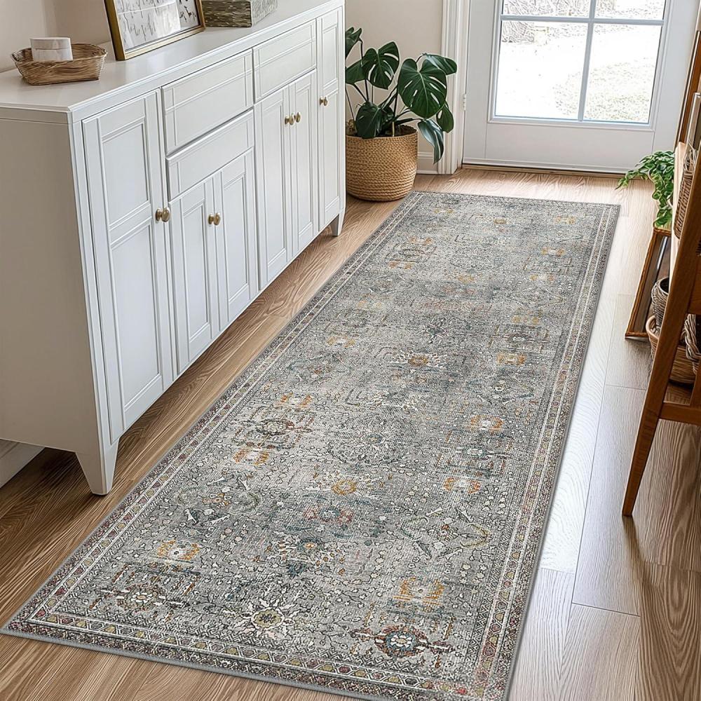 imageGENIMO 26X6 Runner Rug Non Slip Machine Washable Hallway Runners Low Plie ampamp Thin Vintage Rug for Hallway Kitchen Laundry Entryway Bedroom ampamp Living Room Dark GrayFrench Grey