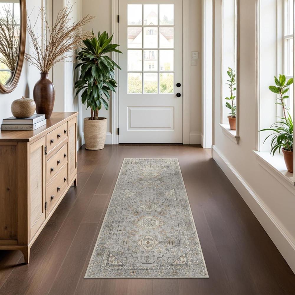 imageGENIMO 26X6 Runner Rug Non Slip Machine Washable Hallway Runners Low Plie ampamp Thin Vintage Rug for Hallway Kitchen Laundry Entryway Bedroom ampamp Living Room Dark GrayBeigeGrey