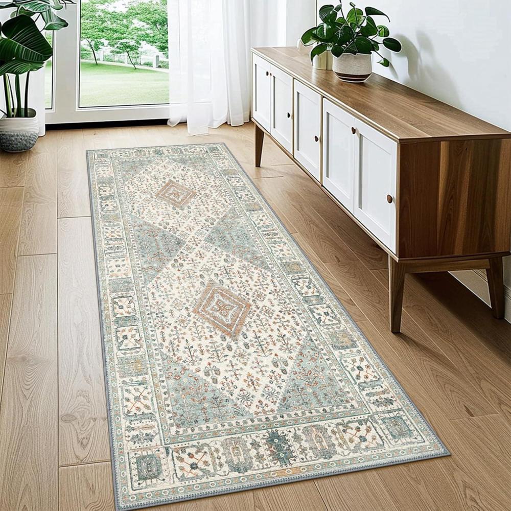 imageGENIMO 26X6 Runner Rug Non Slip Machine Washable Hallway Runners Low Plie ampamp Thin Vintage Rug for Hallway Kitchen Laundry Entryway Bedroom ampamp Living Room Dark GrayGreen