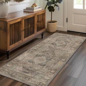 GENIMO 2’6”X6 Runner Rug Non Slip, Machine Washable Hallway Runners, Low Plie & Thin Vintage Rug for Hallway, Kitchen, Laundry, Entryway, Bedroom & Living Room, Dark Gray(Tan)