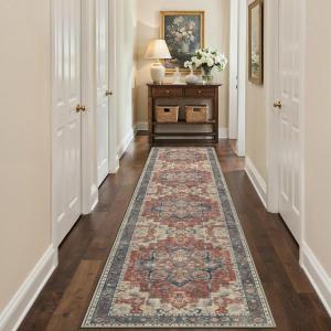 GENIMO 2’6”X6 Runner Rug Non Slip, Machine Washable Hallway Runners, Low Plie & Thin Vintage Rug for Hallway, Kitchen, Laundry, Entryway, Bedroom & Living Room, Dark Gray(Bordeaux)