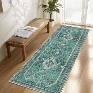 GENIMO 2’6”X6 Runner Rug Non Slip, Machine Washable Hallway Runners, Low Plie & Thin Vintage Rug for Hallway, Kitchen, Laundry, Entryway, Bedroom & Living Room, Dark Gray(Teal)