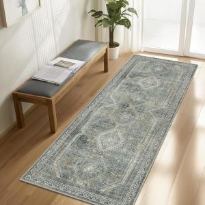 GENIMO 2’6”X6 Runner Rug Non Slip, Machine Washable Hallway Runners, Low Plie & Thin Vintage Rug for Hallway, Kitchen, Laundry, Entryway, Bedroom & Living Room, Dark Gray(Light Gray)