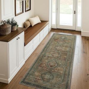 GENIMO 2’6”X6 Runner Rug Non Slip, Machine Washable Hallway Runners, Low Plie & Thin Vintage Rug for Hallway, Kitchen, Laundry, Entryway, Bedroom & Living Room, Dark Gray(Brown)