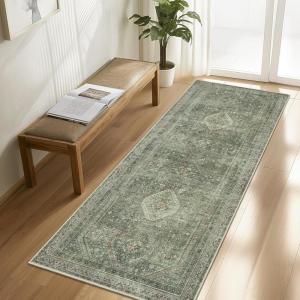 GENIMO 2’6”X6 Runner Rug Non Slip, Machine Washable Hallway Runners, Low Plie & Thin Vintage Rug for Hallway, Kitchen, Laundry, Entryway, Bedroom & Living Room, Dark Gray(Celadon)